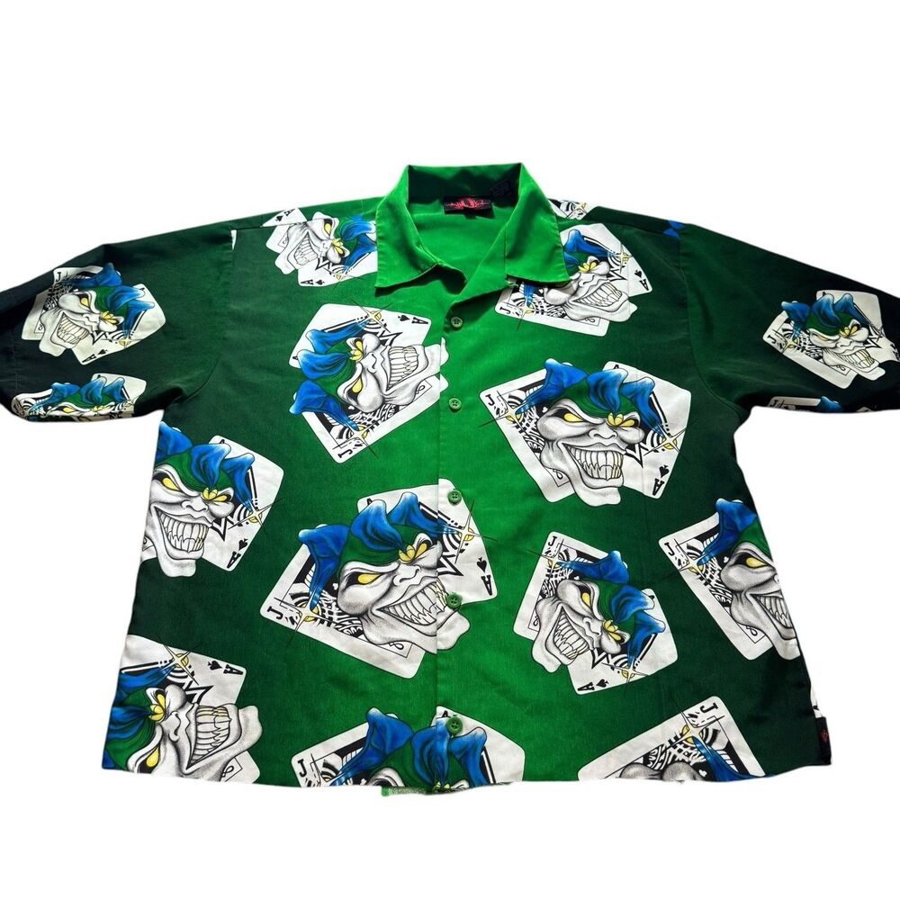 Vintage 90s Streetwear Mens XL Joker Card Casino Poker Bowling Button Shirt